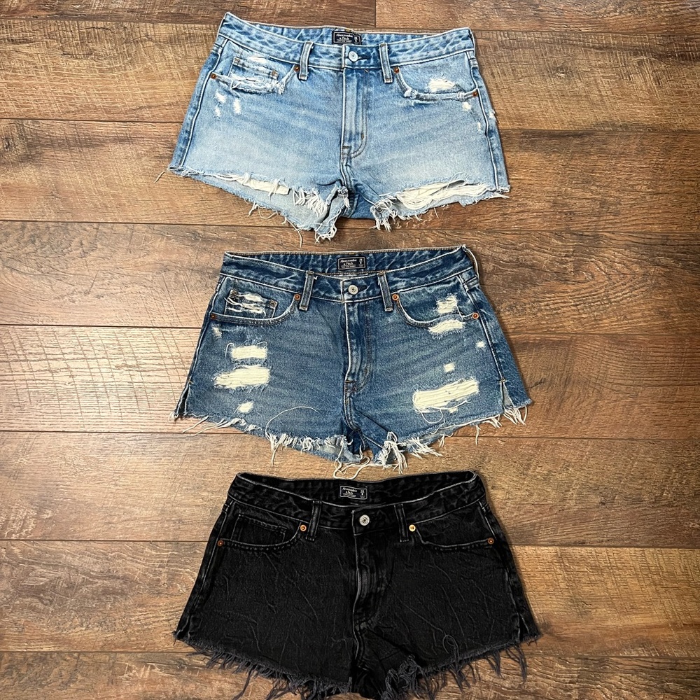 (3) pair A&F low rise distressed denim cut off jean shorts